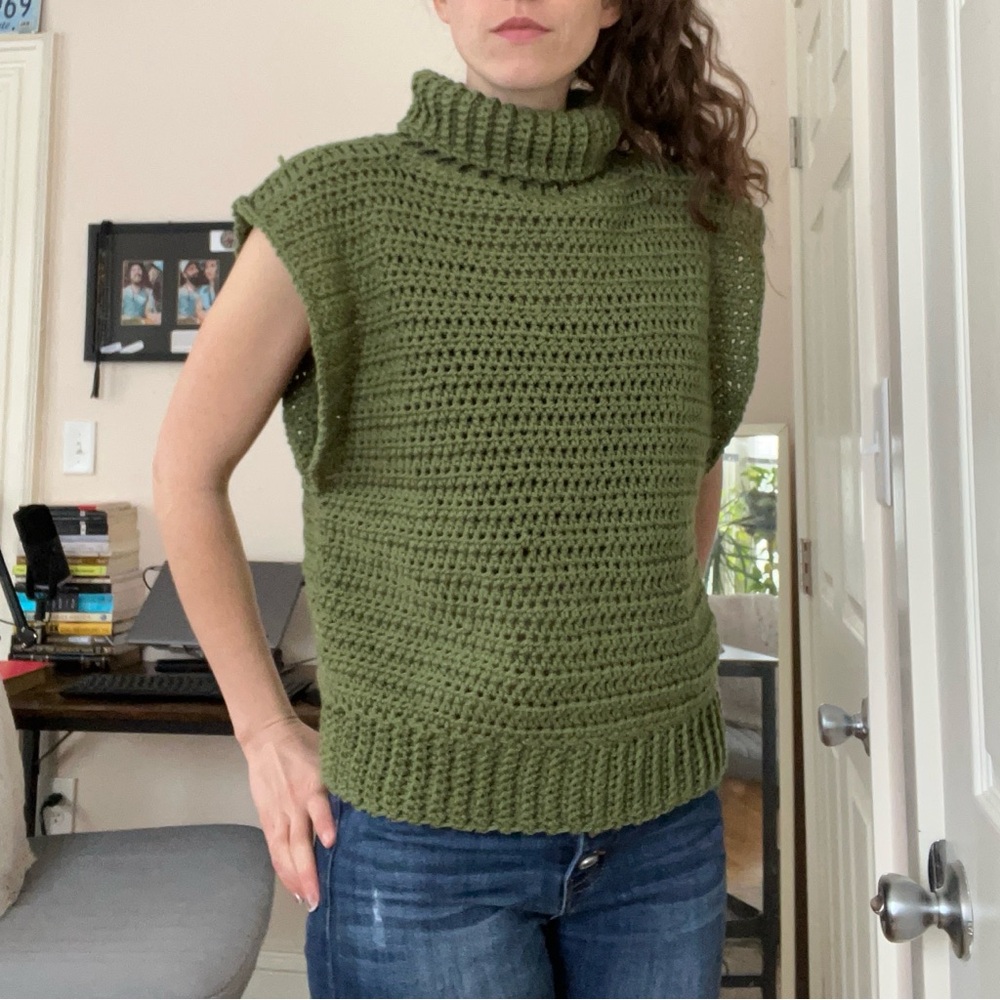 Chunky Crocheted Turtleneck Sleeveless Sweater